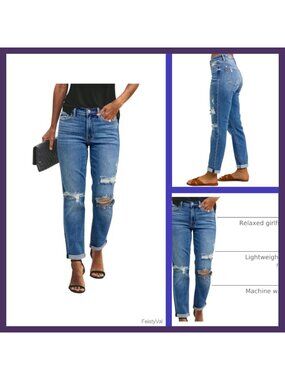 Women's Ripped Mid Rise Boyfriend Jeans Stretch Denim